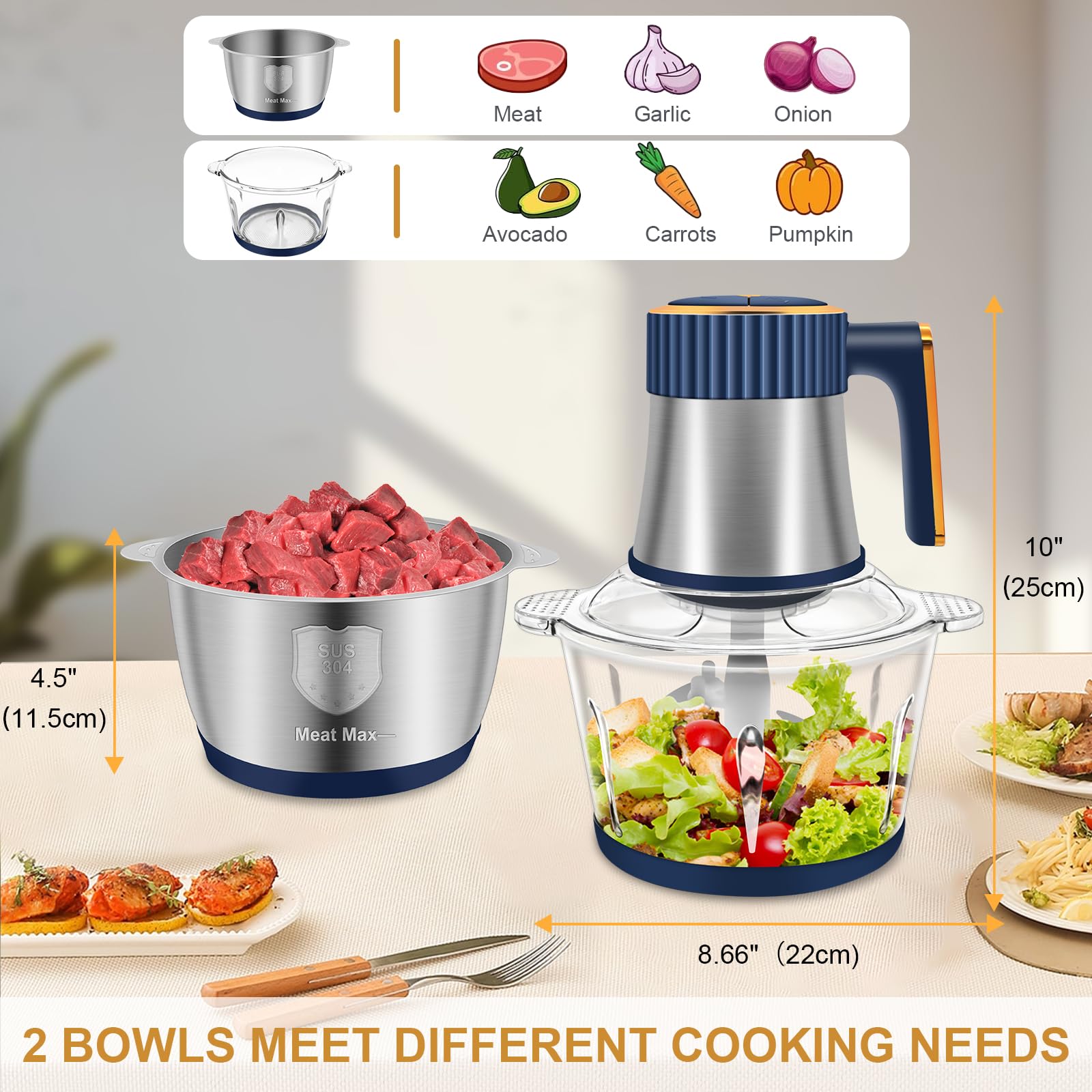 Food Processor, Meat Grinder Electric Food Chopper with 2 Bowls (8 Cup+8 Cup), 300W 4 Bi-Level Blades 5 Speed Mini Kitchen Cutter for Vegetable, Onion, Garlic, Meat, Nuts, and Baby Food (Blue-2L)