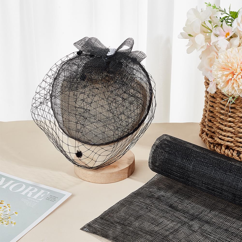 BENECREAT 35x19.7 Inch Black Linen Mesh Fabric, Sinamay Hat Mesh Netting Fabric Roll for Bouquet Wrapping, Women Bride's Headdress Veil Making