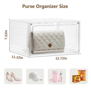 LXLXXL Purse Organizer For Closet 4 Pack Stackable Storage Bins With Lids Clear Plastic Handbag Organizer Purse Storage With Magnetic Door Display Case For Cosmetic Hats