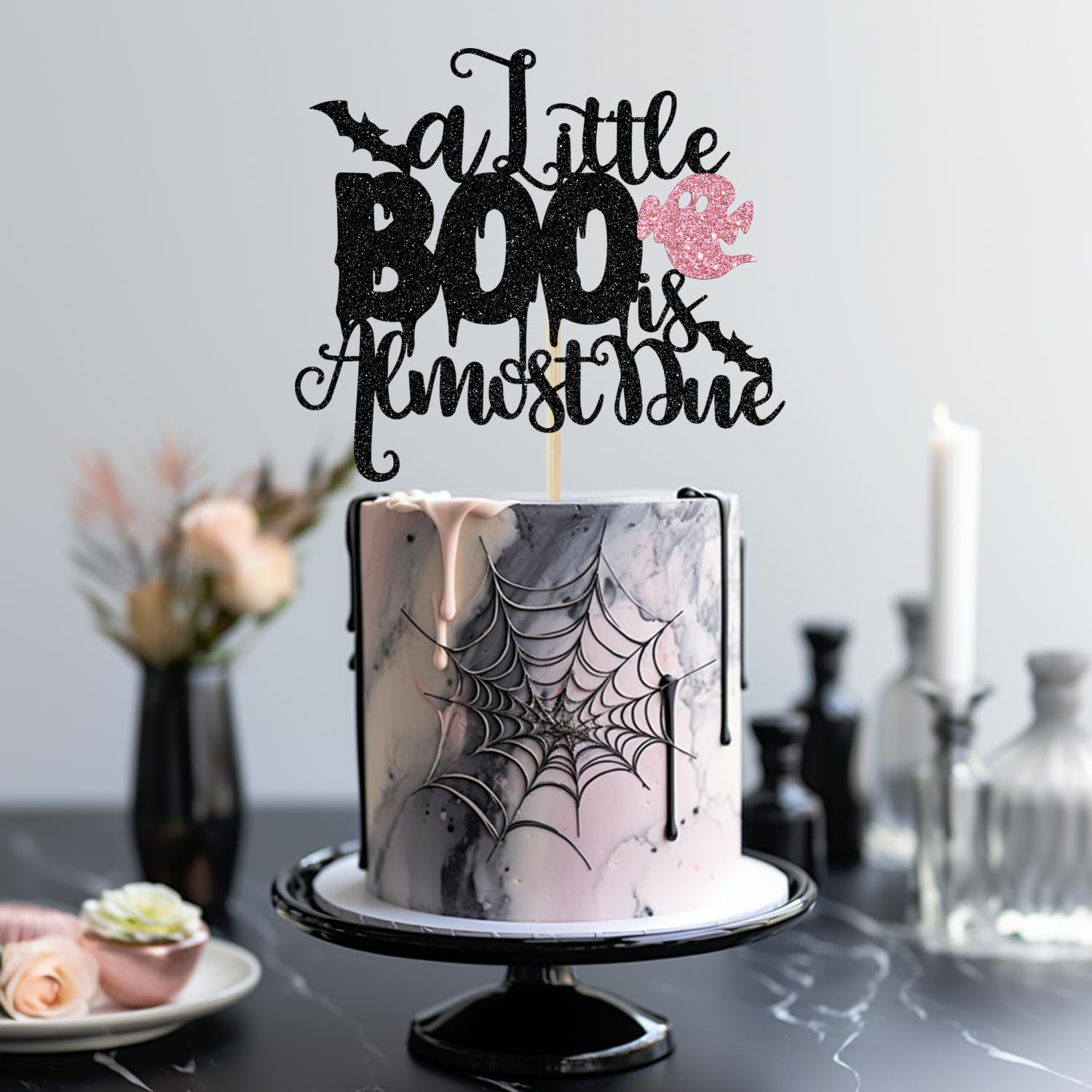 A Little Boo is Almost Due Cake Topper, Halloween Baby Shower Decorations for Girl, Girls Halloween Theme Baby Shower Birthday Party Decorations(Pink)