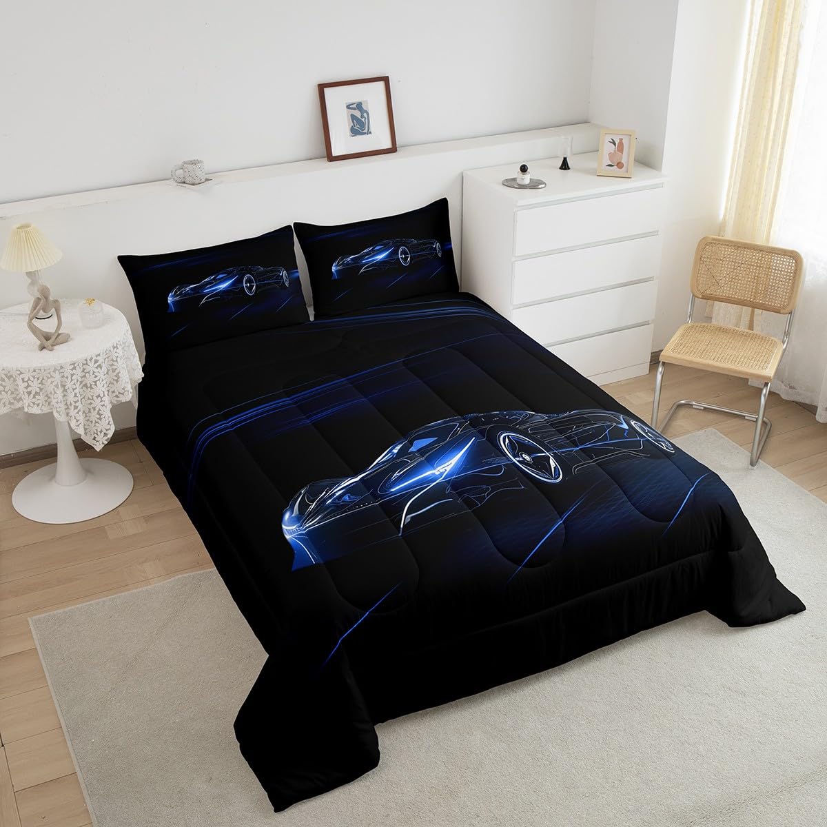 Feelyou Blue Race Car Bedding Set Full Size for Kids Boys Extreme Sport Games Comforter Set Teens Toddler Fast and Furious Duvet Set Cool Modern Quilt Set 3Pcs