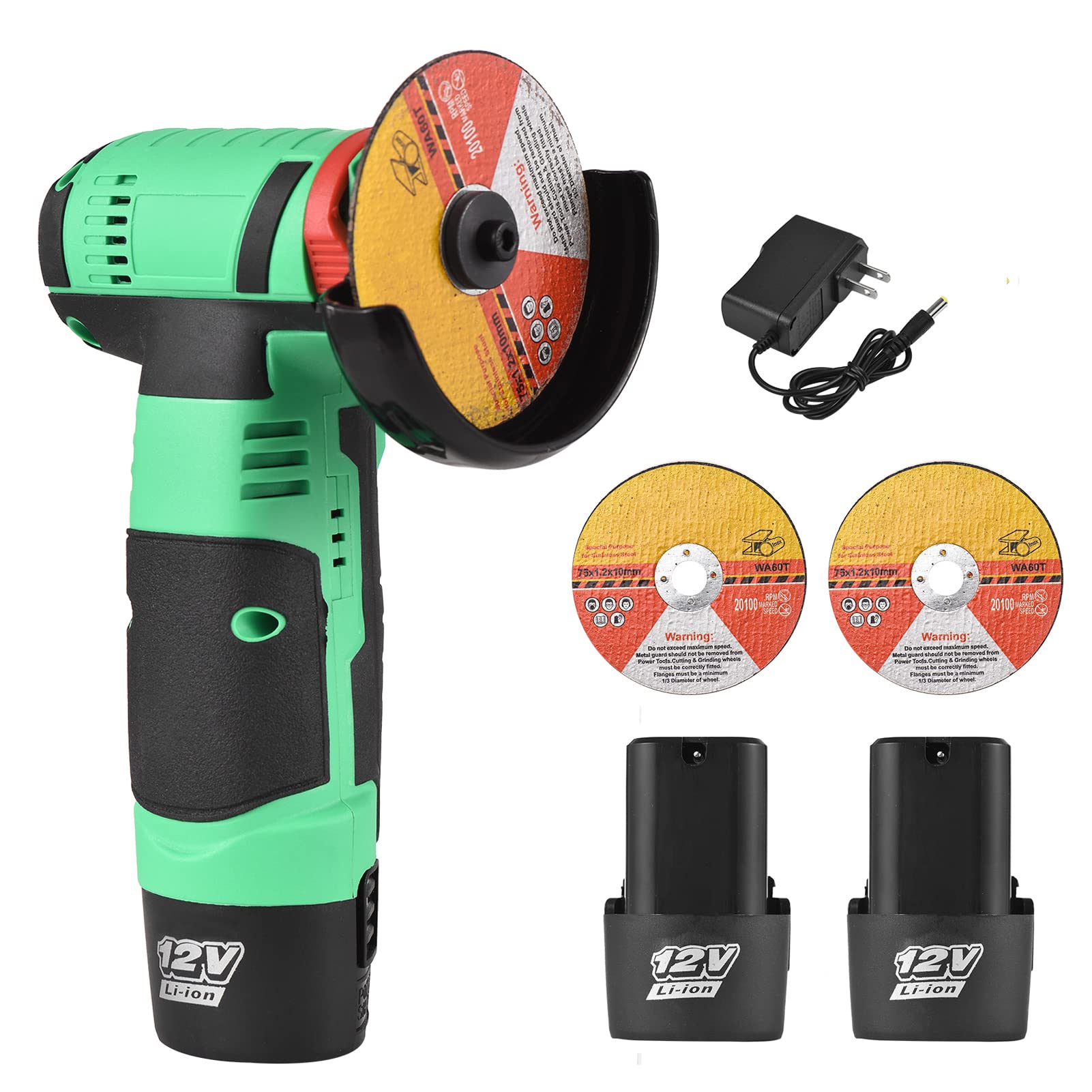 12V Cordless Angle Grinder Tool Kit, Portable Lithium Electric Angle Grinder, 19500rpm Mini Rechargeable Power Cutter with 2pcs Batteries 2pcs Grinding Discs