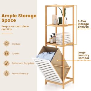 GOFLAME Tilt Out Laundry Hamper with 3-Tier Storage Shelves, 51” Tall Bathroom Storage Shelf with Removable Basket, Bamboo Laundry Basket Organizer for Bathroom, Laundry Room, Bedroom, Natural