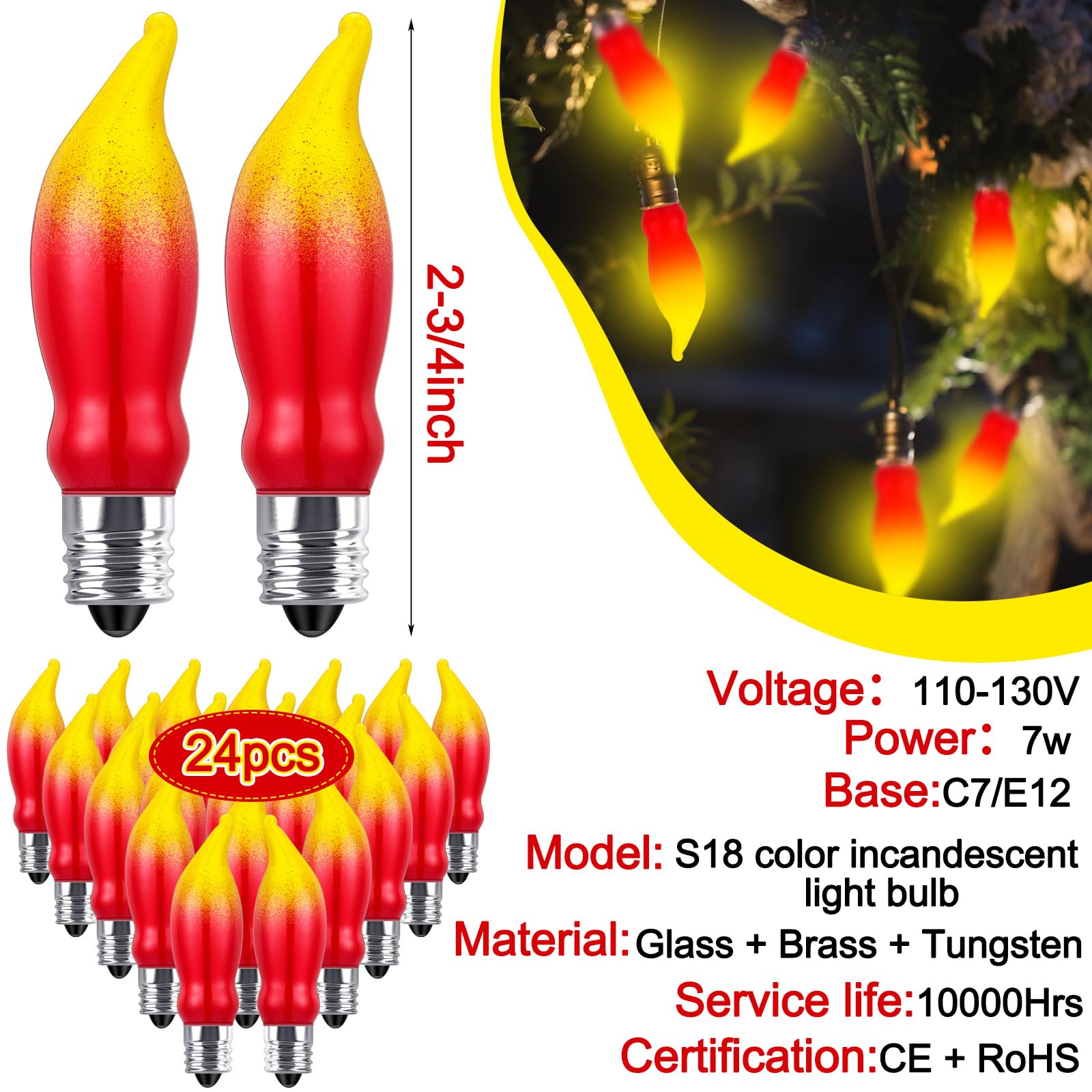 Glooglitter 24 Pcs Christmas Flame Lights Bulb Red Yellow Christmas Light Bulbs E12 Candelabra Bases Flame Shape Night Light Bulbs for Halloween Christmas Candle Light, Chandelier,7 Watt, 120 Volt