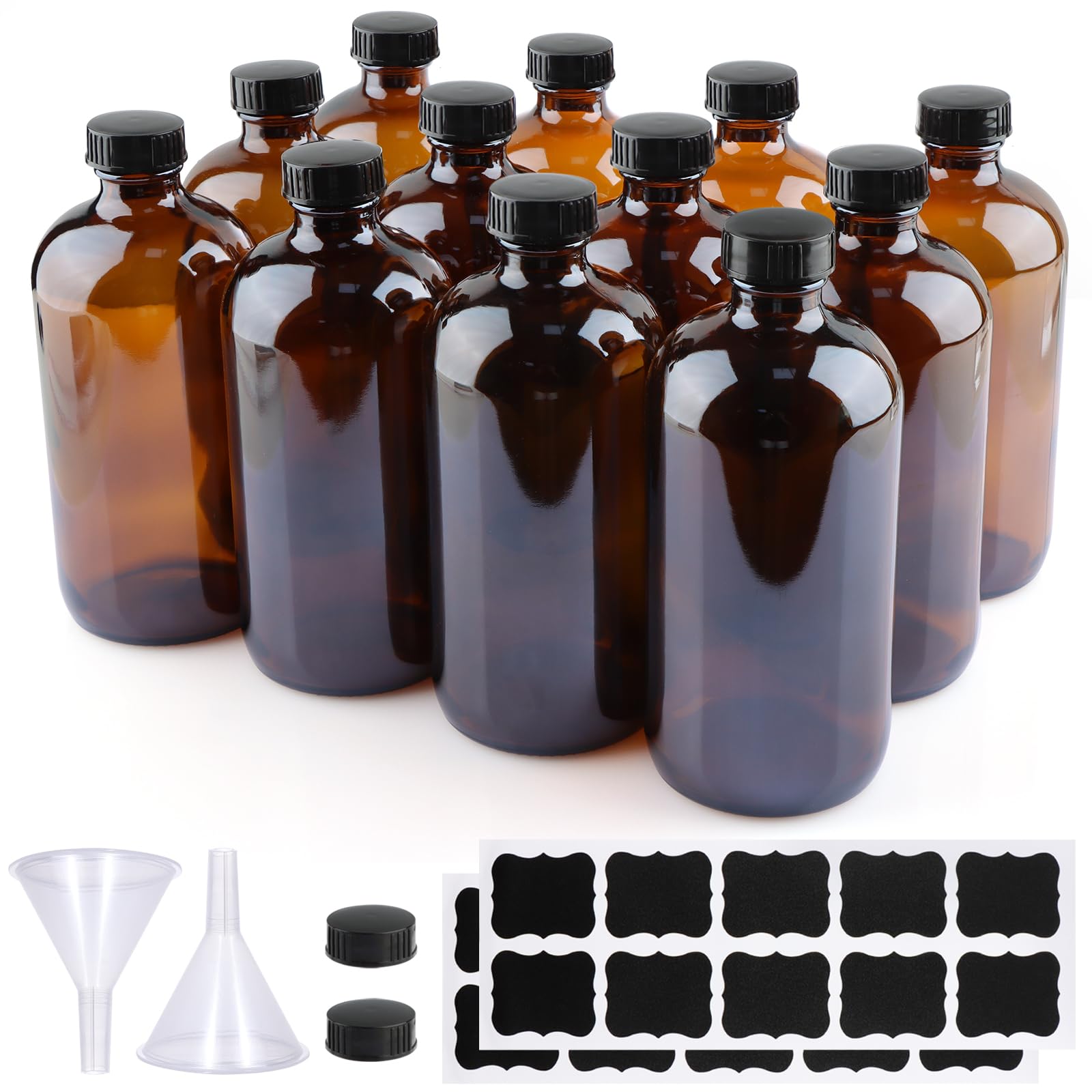 PINIWON 12 Pack 16 oz Amber Glass Bottles, Boston Round Sample Bottles with Black Poly Cone Caps, Labels and Funnels