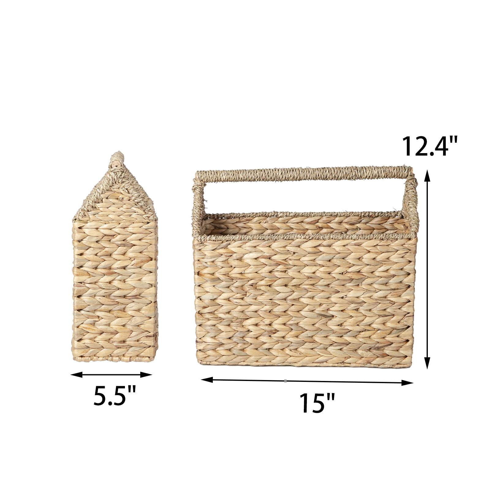 JJSQ Water Hyacinth Storage Basket for Magazine, Rattan Magazine Holder Floor Selfstand, Wicker Basket with Handle for files & Newspaper, Natural 15" x 5.5" x 12.4"