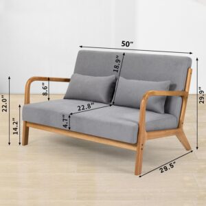 50" Loveseat Sofa Mid-Century Modern with Solid Wood Accent Chair with 2 Waist Pillows, Leisure 2 Person Couch Love seat for Living Room Office Bedroom Apartment Small Spaces, Light Gray