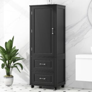 Virubi 61.4 in Tall Bathroom Floor Storage Cabinet, Wood Bathroom Cabinet with 2 Drawers and 2 Adjustable Shelves, Bathroom Cabinets Freestanding Bathroom Storage Organizer (Black)