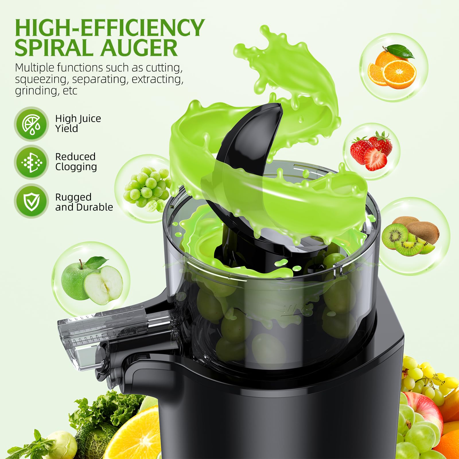 Cold Press Juicer, Slow Masticating Juicer with "6.1" Extra Large Feed Chute Fit Whole Fruits & Vegetables, Juicer Machines with 2 Cups, Easy to Clean and High Juice Yield