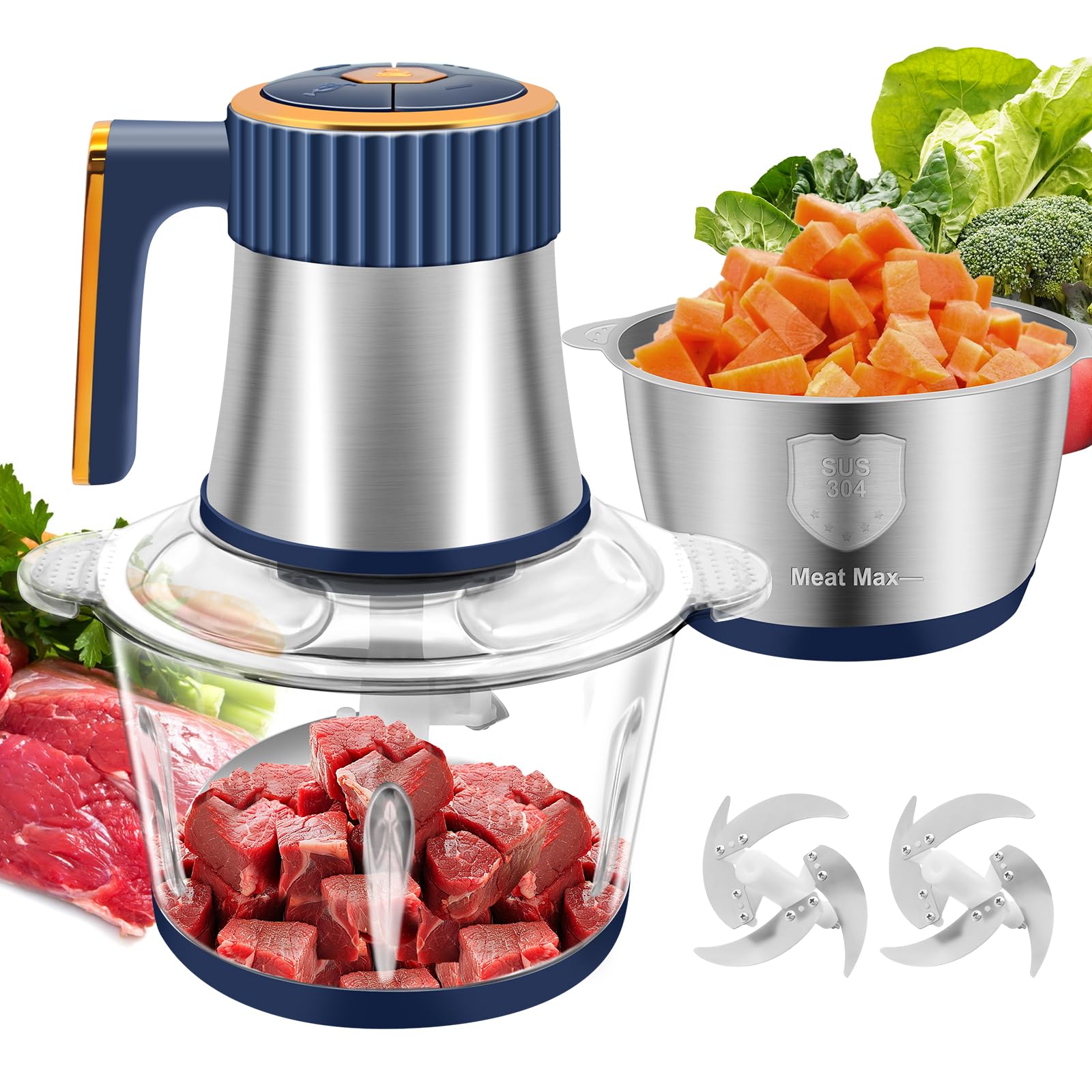 Food Processor, Meat Grinder Electric Food Chopper with 2 Bowls (8 Cup+8 Cup), 300W 4 Bi-Level Blades 5 Speed Mini Kitchen Cutter for Vegetable, Onion, Garlic, Meat, Nuts, and Baby Food (Blue-2L)