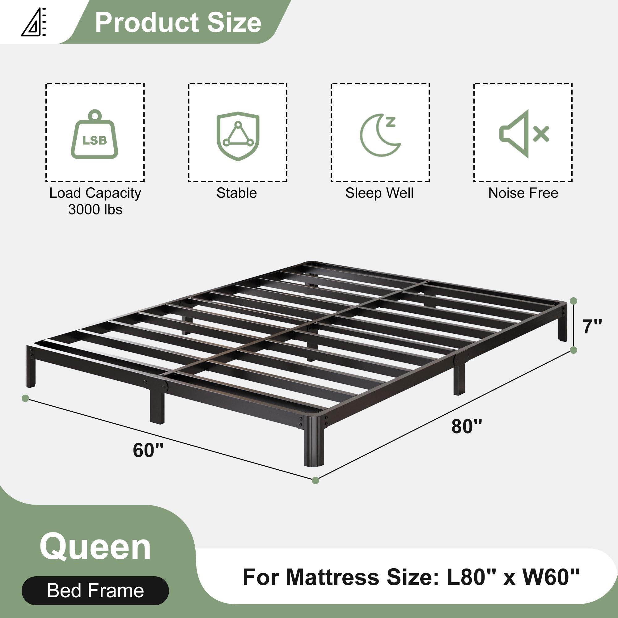 Lutown-Teen 7 Inch Low Queen Bed Frame with Rounded Corner Legs, 2000 LBS Heavy Duty Metal Slats Support Queen Platform Bed Frame No Box Spring Needed, Easy Assembly, Black