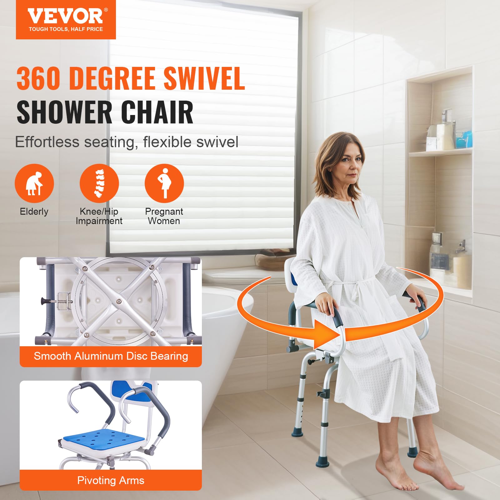 VEVOR Swivel Shower Chair 360 Degree, Adjustable Shower Seat with Pivoting Arms for Inside Showers or Tubs, Non-Slip Rotating Bathtub Shower Chair for Elderly Disabled Injured, 400LBS Capacity