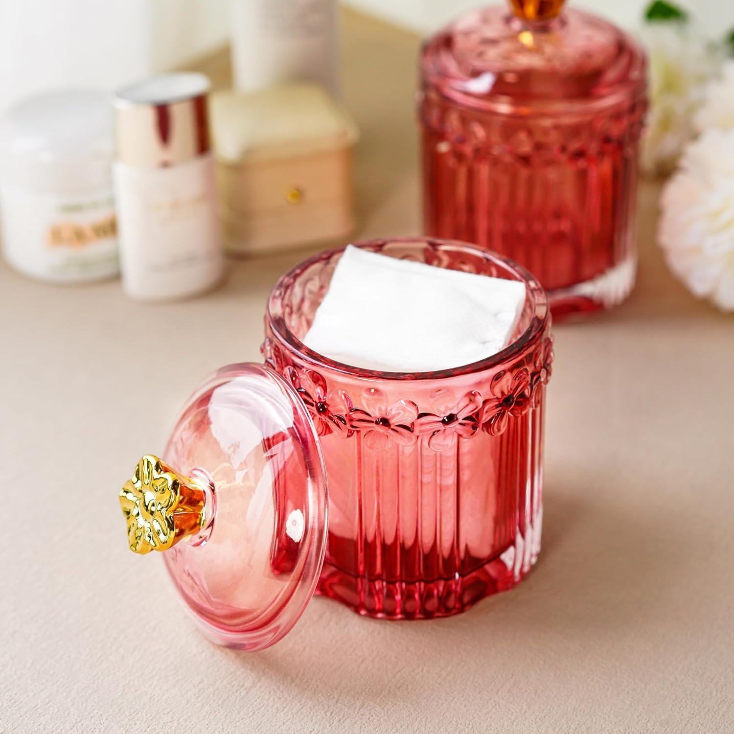 H&D HYALINE & DORA Pink Qtip Holder Dispensers Glass Apothecary Jars with Lids Bathroom Canisters Small Glass Jars for Cotton Ball, Cotton Swab