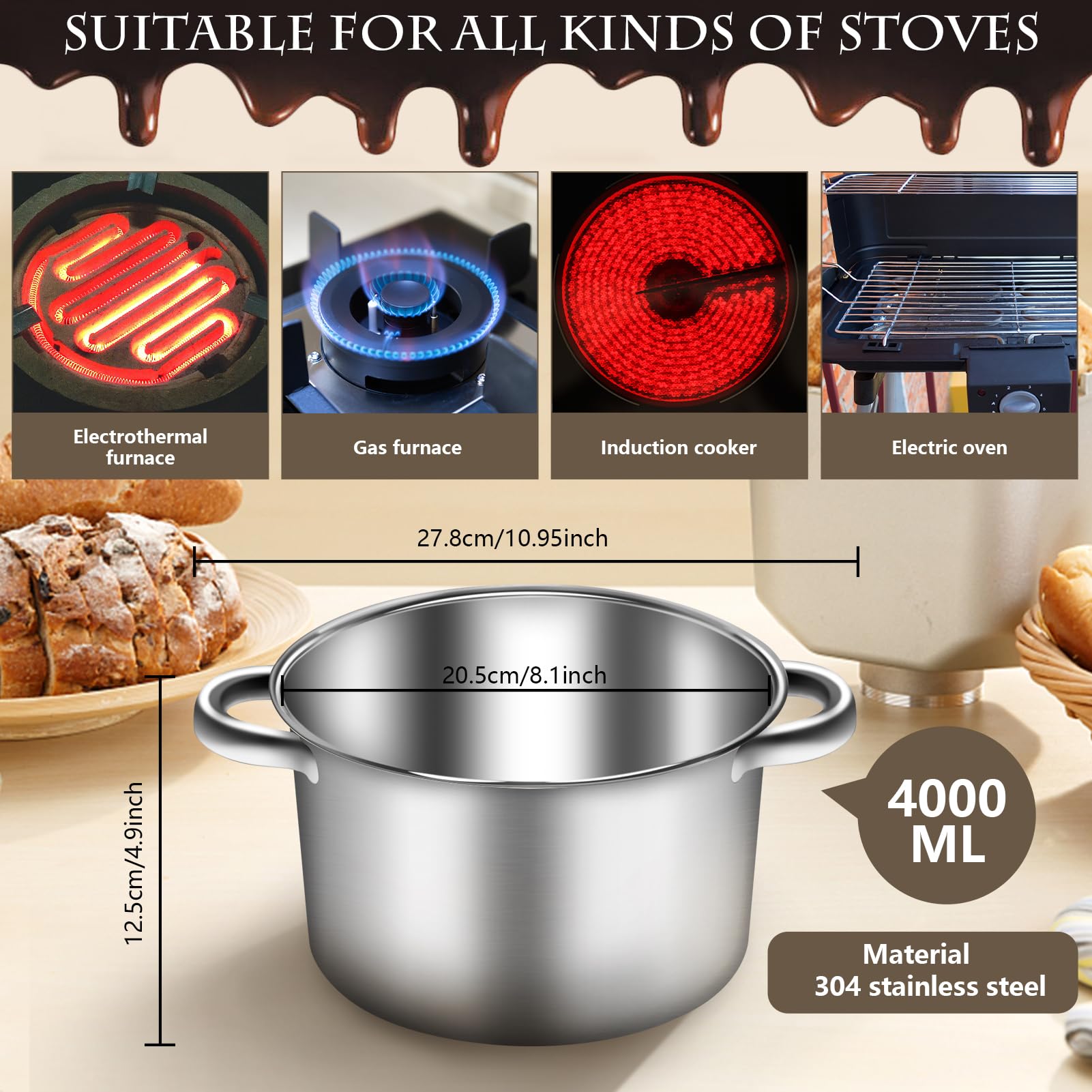 Artcome 304 Stainless Steel Double Boiler Set - 2.6QT Melting Bowl with Scale and Handle - 4.2QT Dual-Handle Pot - Stackable Water Bath Melting Pot Set for Butter, Chocolate, Wax, Sugar, Candle