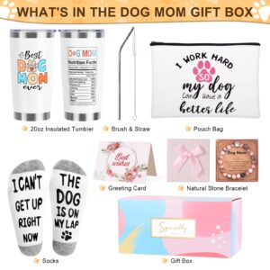 Dog Mom Gifts for Women, Dog Lover Gifts for Women, Dog Mom Mothers Day Gifts, Birthday, Christmas Gifts, 20oz Wine Tumbler Gifts Basket with Makeup Bag, Natural Stone Paw Bracelets, Socks