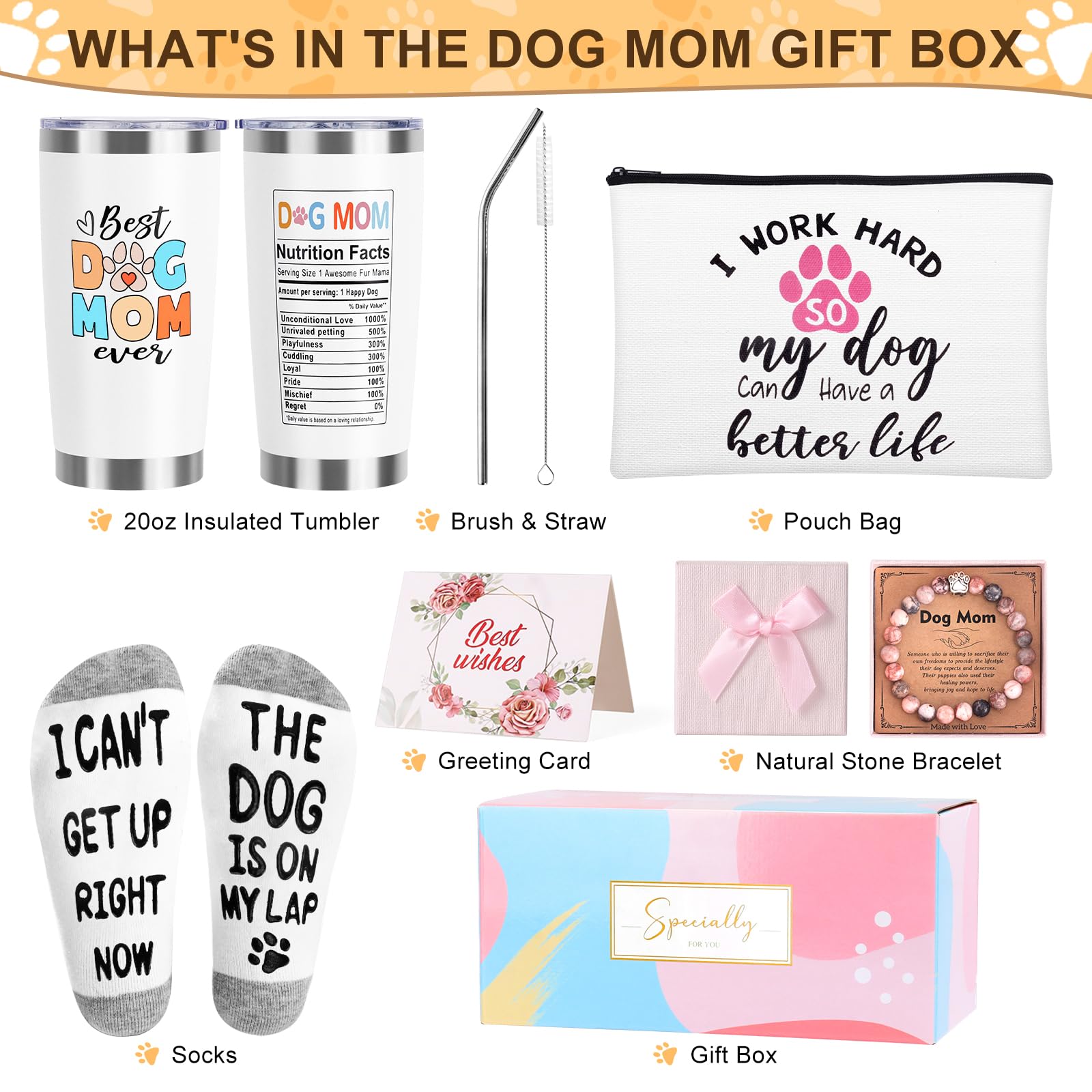 Dog Mom Gifts for Women, Dog Lover Gifts for Women, Dog Mom Mothers Day Gifts, Birthday, Christmas Gifts, 20oz Wine Tumbler Gifts Basket with Makeup Bag, Natural Stone Paw Bracelets, Socks