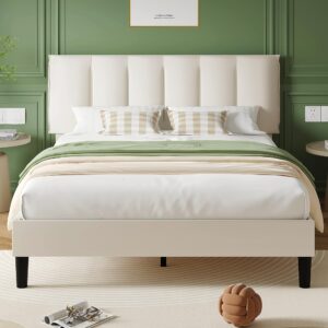 vecelo full bed frame with upholstered headboard, heavy-duty platform bedframe with strong wooden slats support, no boxing spring needed, pale beige