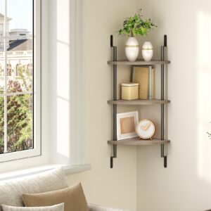 HOOBRO 3-Tier Corner Shelf Wall Mounted, Corner Floating Shelves, Corner Storage Rack, Plant Display Shelf, Corner Bookshelf for Wall in Living Room, Kitchen, Study, Greige and Black BG36BJ01