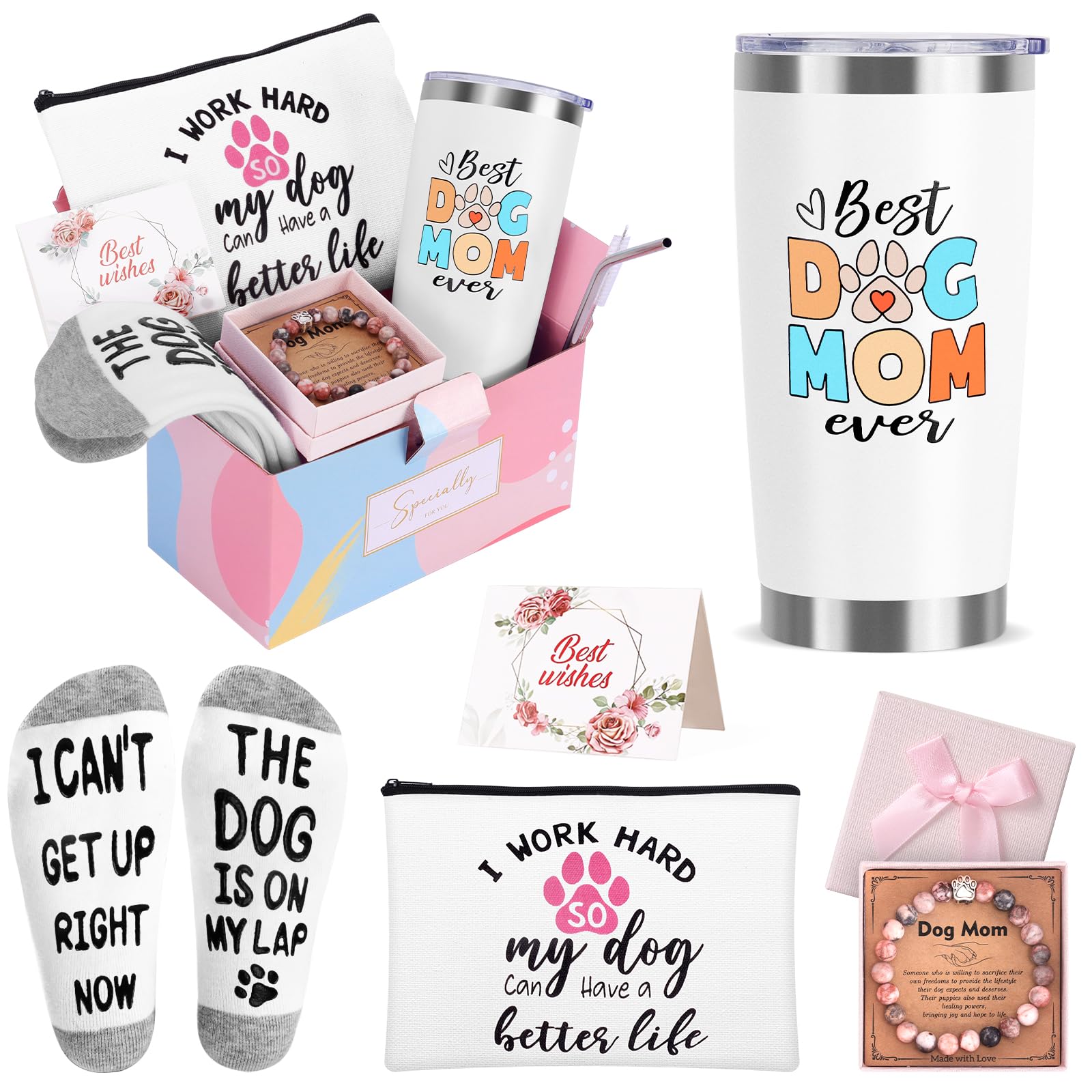 Dog Mom Gifts for Women, Dog Lover Gifts for Women, Dog Mom Mothers Day Gifts, Birthday, Christmas Gifts, 20oz Wine Tumbler Gifts Basket with Makeup Bag, Natural Stone Paw Bracelets, Socks