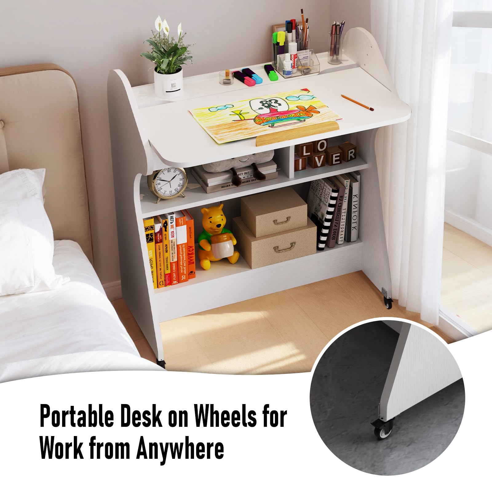 Pmnianhua Portable Mobile Desk on Wheels with Adjustable Angle Taletop,Home Office Desk,Rolling Computer Desk with Wheels and Storage for Home Office Small Space(White)