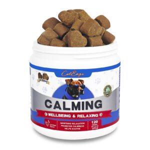 calming chews for dogs dog calming treats aid with anxiety caused by separation barking vet visits thunderstorms suitable for all ages and breeds 120 count chicken flavor