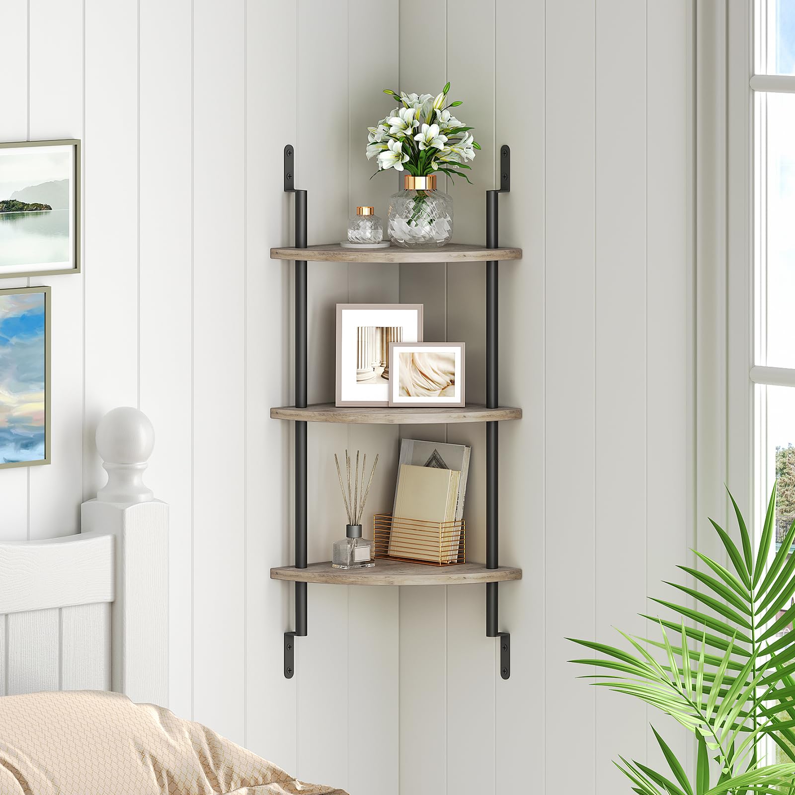 HOOBRO 3-Tier Corner Shelf Wall Mounted, Corner Floating Shelves, Corner Storage Rack, Plant Display Shelf, Corner Bookshelf for Wall in Living Room, Kitchen, Study, Greige and Black BG36BJ01