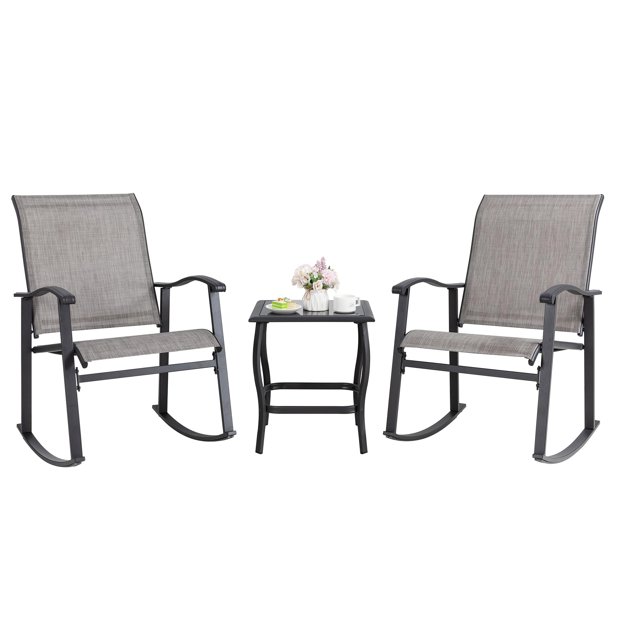 Shintenchi 3 Piece Rocking Bistro Set, Outdoor Furniture with Rocker Chairs and Glass Coffee Table Set of 3, Balcony, Porch Furniture for Small Space, Gray