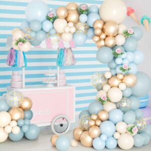 WOZOZOW Dusty Blue Balloons Arch Kit, Metallic Gold White Light Blue Baby Blue Balloon Arch Kit for Birthday Party Bridal Shower, Blue Baby Shower Decorations Boy Baby Shower Balloons Arch