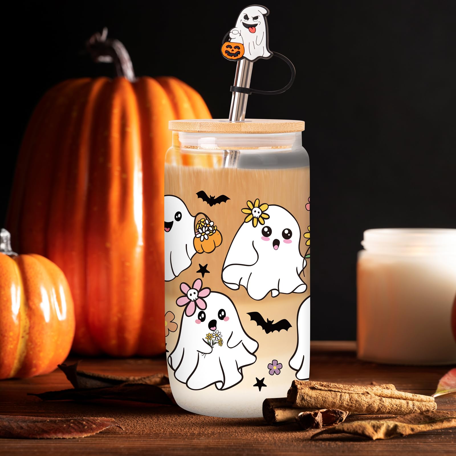 80UncleKimby Halloween Cups Gifts 18oz Glass Cup with Lid Straw and Caps Spooky Ghost Iced Coffee Mug for Women Teen(Colored)