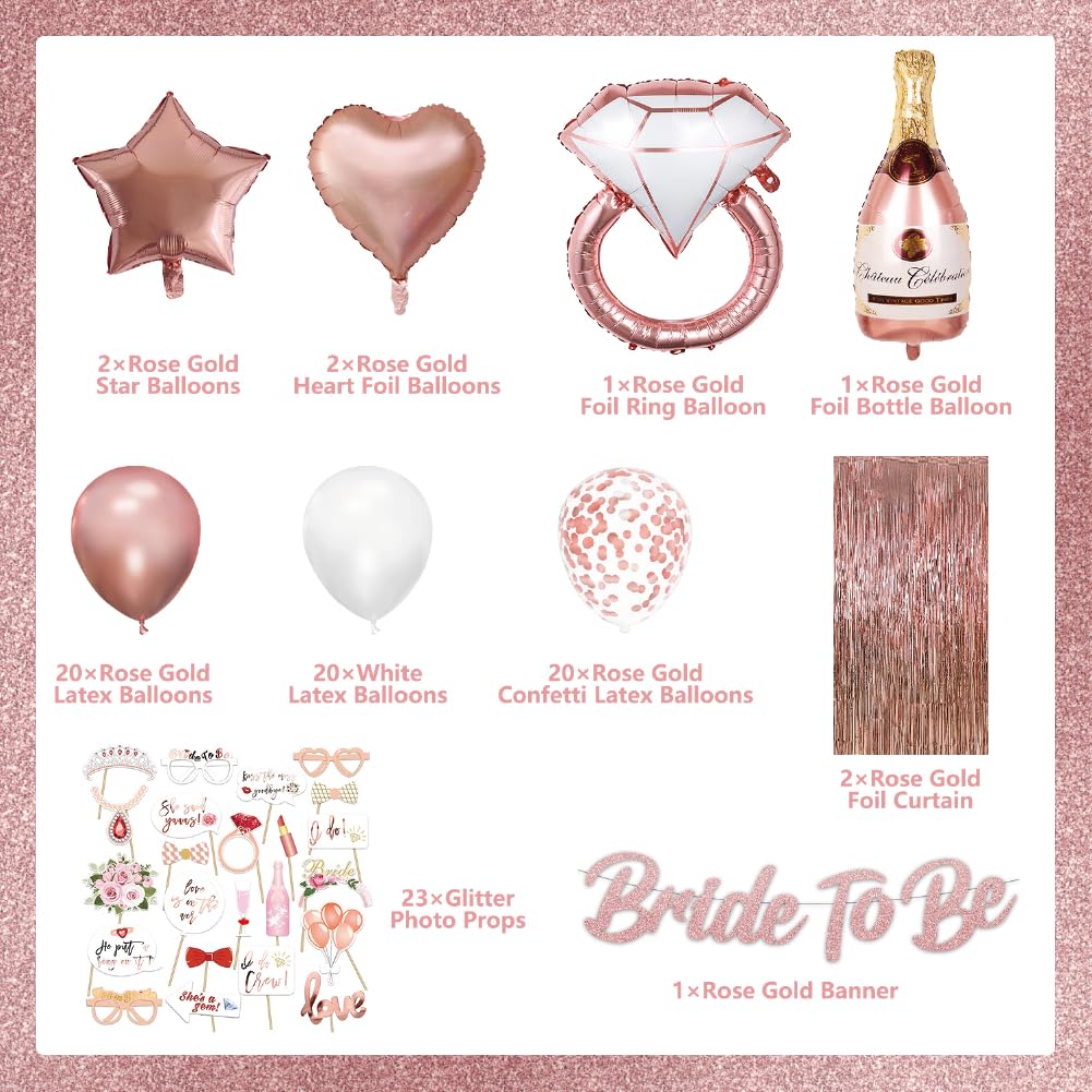 Bachelorette Party Decorations - Rose Gold Bride to be Decorations Wedding Whower Decorations Set Engagement Party with Foil Curtain ,Balloons, Photo Props, 92 Pcs Bridal Shower Decorations Supplies