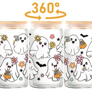 80UncleKimby Halloween Cups Gifts 18oz Glass Cup with Lid Straw and Caps Spooky Ghost Iced Coffee Mug for Women Teen(Colored)