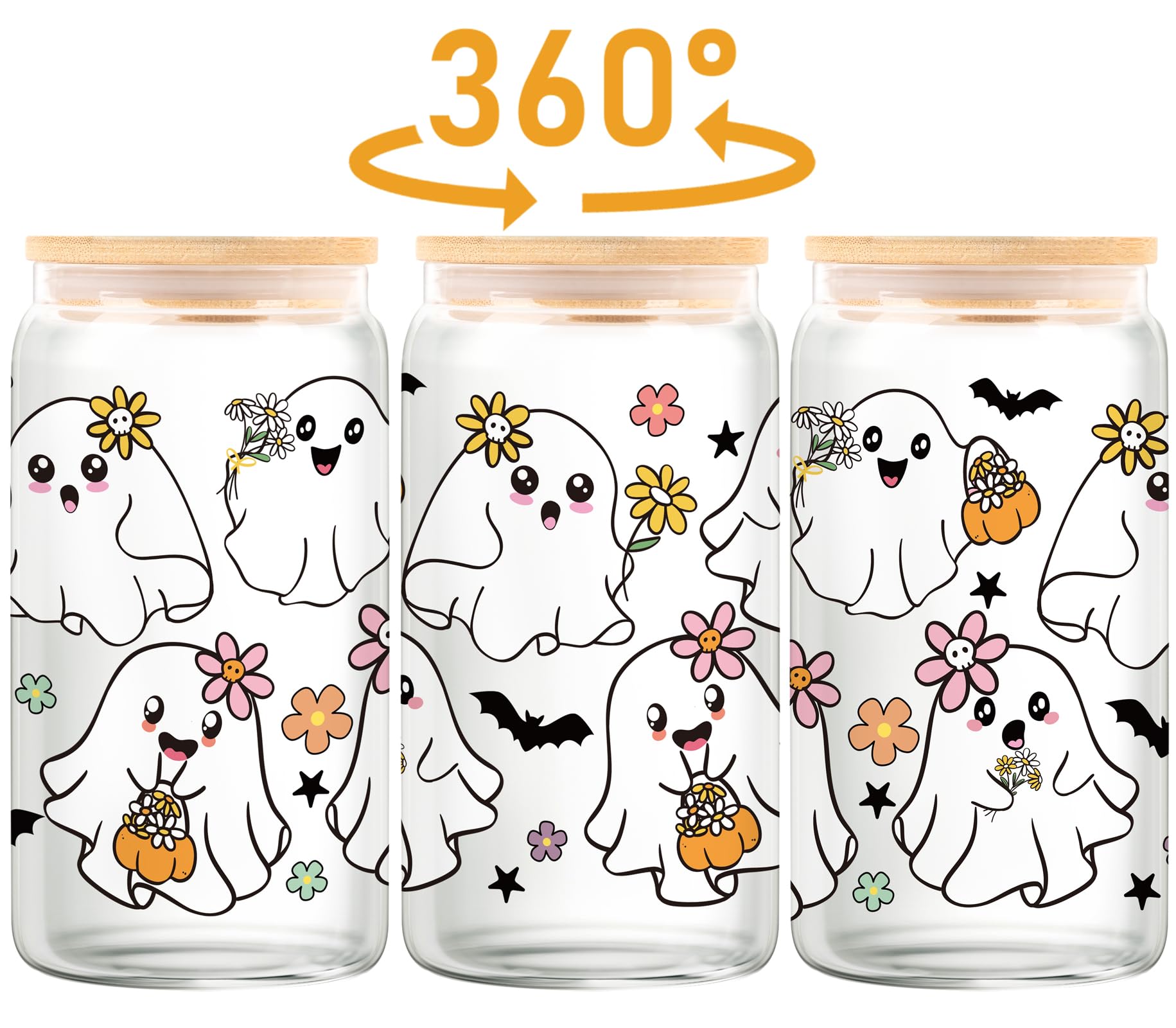 80UncleKimby Halloween Cups Gifts 18oz Glass Cup with Lid Straw and Caps Spooky Ghost Iced Coffee Mug for Women Teen(Colored)