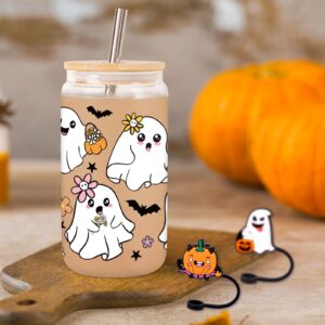 80UncleKimby Halloween Cups Gifts 18oz Glass Cup with Lid Straw and Caps Spooky Ghost Iced Coffee Mug for Women Teen(Colored)