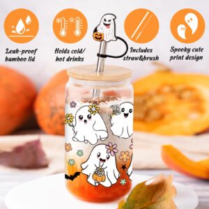 80UncleKimby Halloween Cups Gifts 18oz Glass Cup with Lid Straw and Caps Spooky Ghost Iced Coffee Mug for Women Teen(Colored)