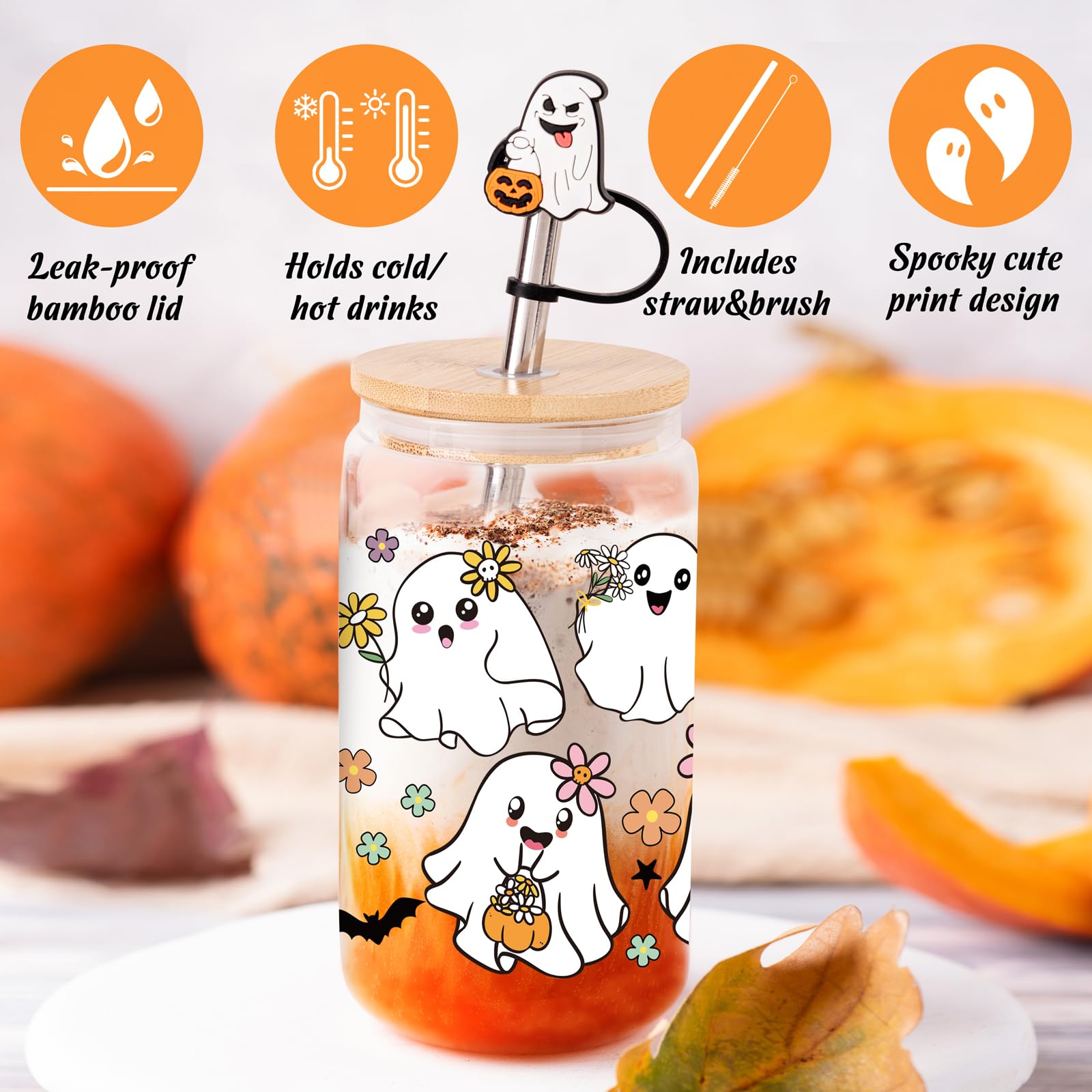 80UncleKimby Halloween Cups Gifts 18oz Glass Cup with Lid Straw and Caps Spooky Ghost Iced Coffee Mug for Women Teen(Colored)