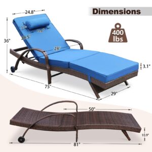 NOBLEMOOD Outdoor Lounge Chairs Set of 2 Beach Wikcer Chaise Lounge with Wheels, Cushion, Adjustable Backrest for Outside Pool Sun Shelf Tanning Bathing (Blue)