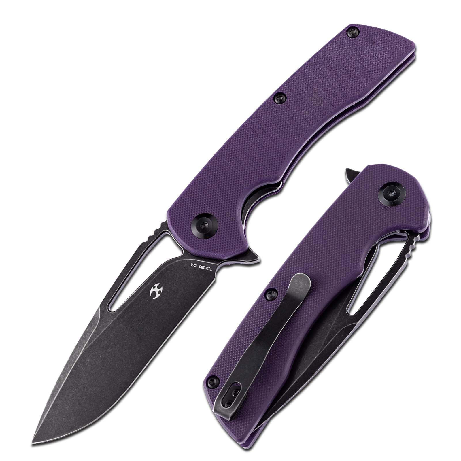 KANSEPT Kryo Pocket Knife 8.08in Folding Knives with 3.58in Black D2 Drop Point Blade and Purple G10 Handle for Outdoor, Tactical, EDC Camping Folding Knife for men T1001B3