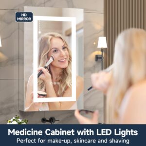 HAPINNEX 20"W X 32"L LED Lighted Bathroom Medicine Cabinet with Mirror, Stepless Dimming Color Temperature, Anti-Fog, Power-Off Memory, 2 Outlets 2 USB Ports, Tempered Glass Shelves, Recessed/Surface