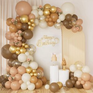 wozozow light brown balloons garland arch kit, dark brown beige tan balloons nude balloons neutral balloons arch kit bear theme baby shower decorations boho gender reveal decorations neutral colors