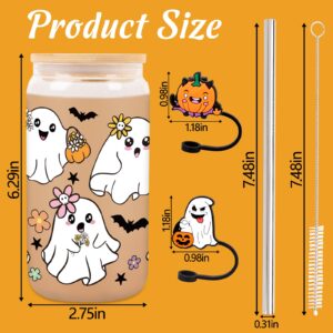 80UncleKimby Halloween Cups Gifts 18oz Glass Cup with Lid Straw and Caps Spooky Ghost Iced Coffee Mug for Women Teen(Colored)