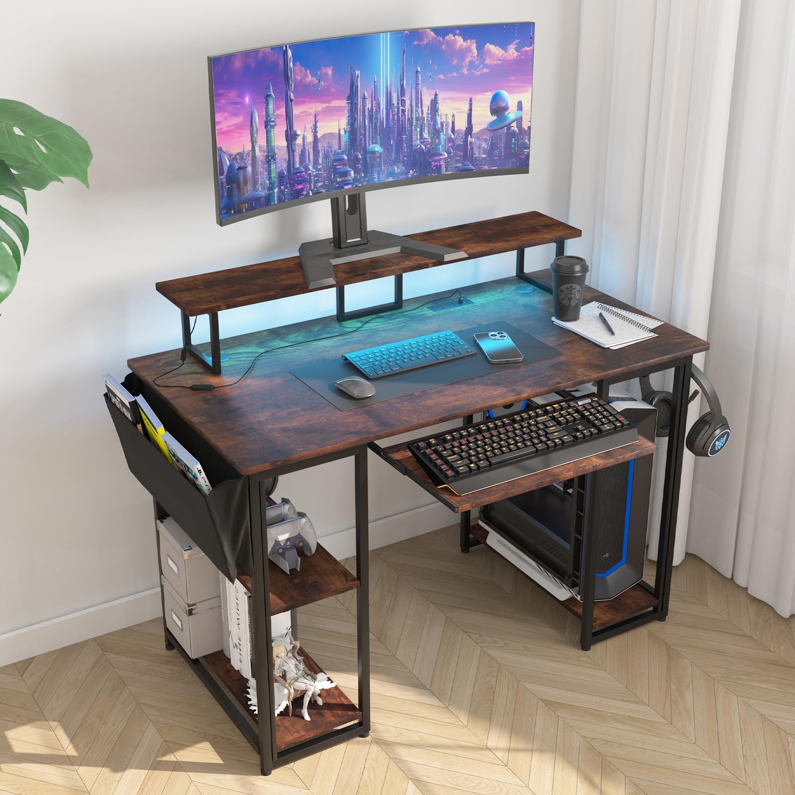 Wokerwie Gaming Desk with Led Lights & Power Outlets,Wooden Computer Desk with Fabric File Cabinet and Hook, 45 Inch Home Office Desk with Monitor Stand & Storage Sheves, Writing Desk, Brown