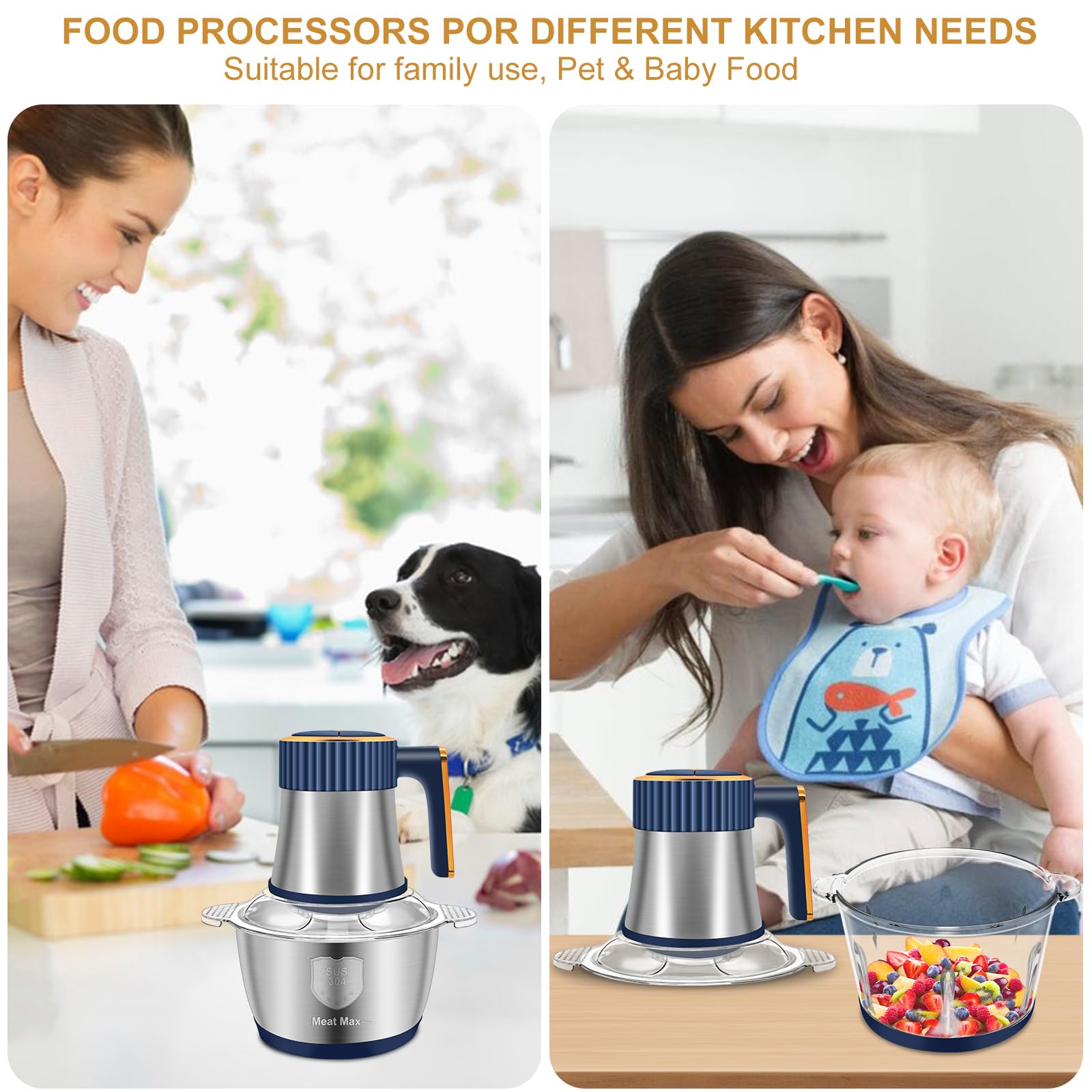 Food Processor, Meat Grinder Electric Food Chopper with 2 Bowls (8 Cup+8 Cup), 300W 4 Bi-Level Blades 5 Speed Mini Kitchen Cutter for Vegetable, Onion, Garlic, Meat, Nuts, and Baby Food (Blue-2L)