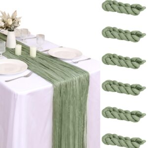 FUANGUI 6 Pack 35x120 Inches Sage Green Cheesecloth Table Runner 10Ft for Baby Shower Wedding Birthday Fall Decoration, Boho Gauze Fabric Rustic Sheer Romantic Cheese Cloth Table Runner