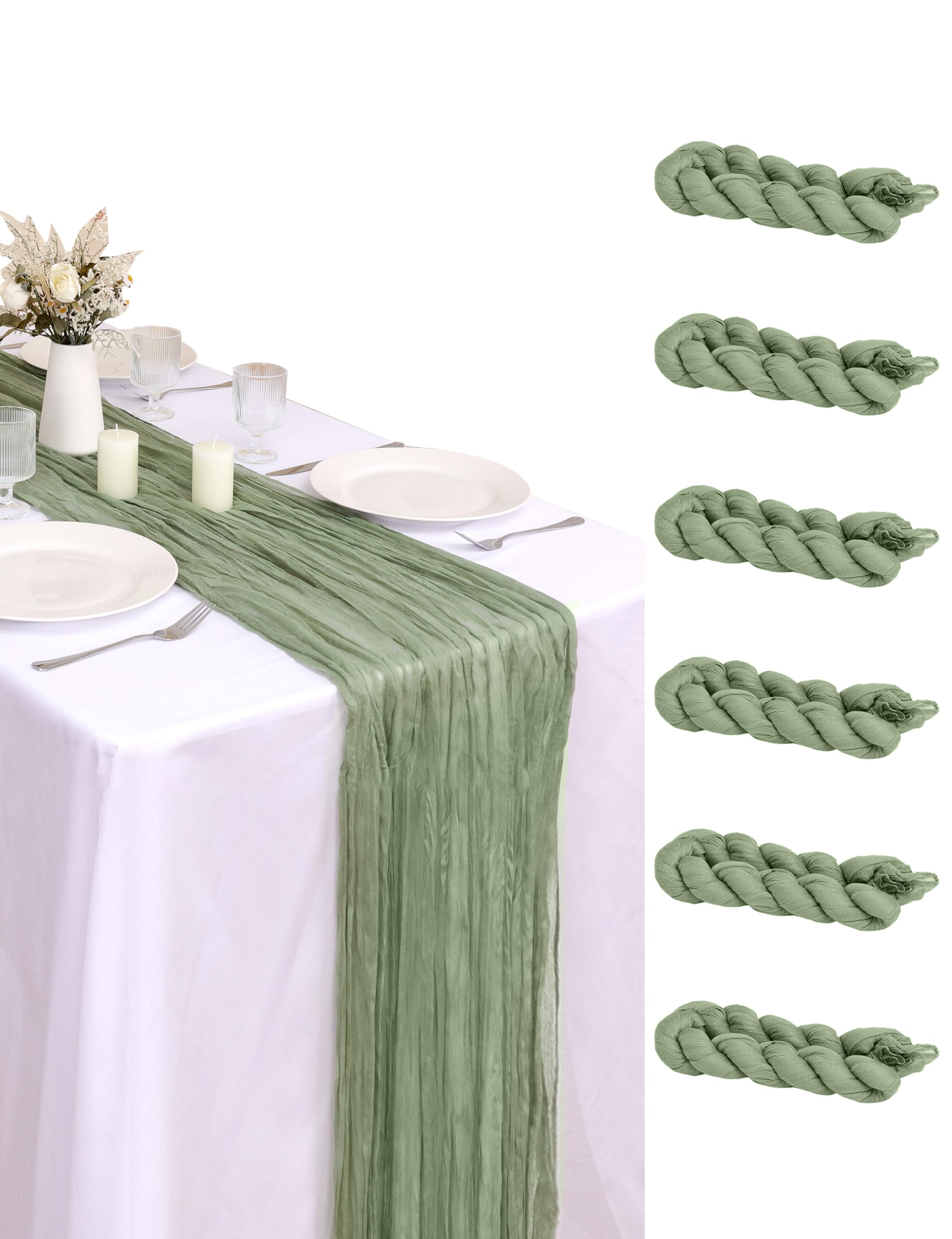 FUANGUI 6 Pack 35x120 Inches Sage Green Cheesecloth Table Runner 10Ft for Baby Shower Wedding Birthday Fall Decoration, Boho Gauze Fabric Rustic Sheer Romantic Cheese Cloth Table Runner