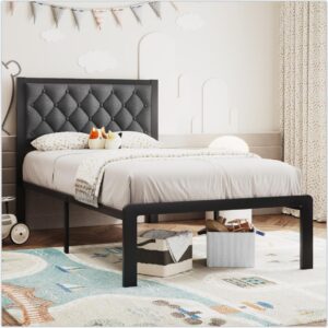 Foredawn Twin Bed Frame with Linen Upholstered Headboard, Metal Support, No Box Spring Needed, Noise Free, Under Bed Storage, Easy Assembly, Grey