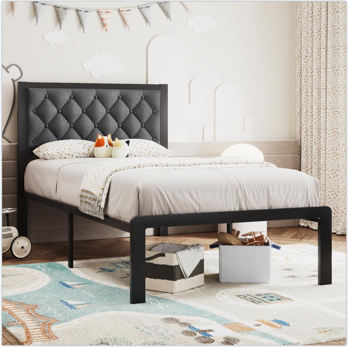 Foredawn Twin Bed Frame with Linen Upholstered Headboard, Metal Support, No Box Spring Needed, Noise Free, Under Bed Storage, Easy Assembly, Grey