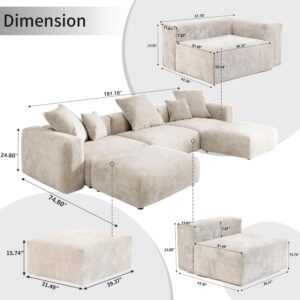 141.73" Modular Sectional Sofa, Slipcovered Corduroy U Shaped Sofa Couch with 2 Ottomans,5 - Piece Convertible Sectional with 5 Pillows,Cushion Covers Removable& Washable (Beige)