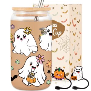 80unclekimby halloween cups gifts 18oz glass cup with lid straw and caps spooky ghost iced coffee mug for women teen(colored)