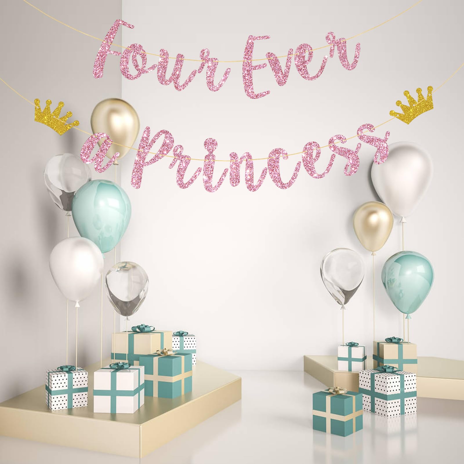 Talorine Four Ever A Princess Banner, Princess 4th Birthday Party Decorations, Princess Themed 4 Years Old Birthday Party Supplies,Pink Glitter