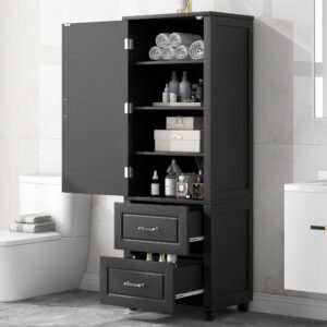 virubi 61.4 in tall bathroom floor storage cabinet, wood bathroom cabinet with 2 drawers and 2 adjustable shelves, bathroom cabinets freestanding bathroom storage organizer (black)